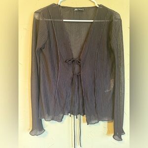 Zara Brown Pleated Tie Front Top S: Whimsigoth Fairycore Sheer Plissé Blouse